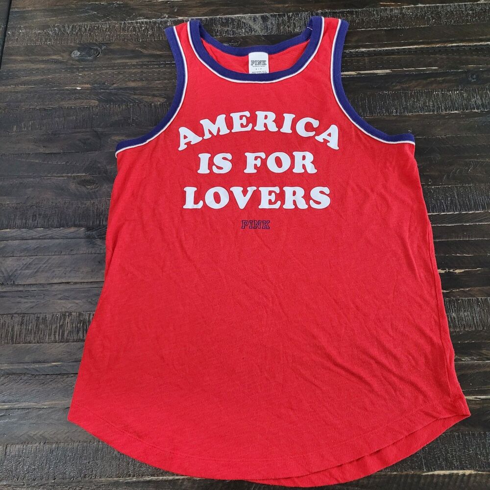 Victoria’s Secret PINK America Is For Lovers Graphic Tank Top Red Women’s Small
